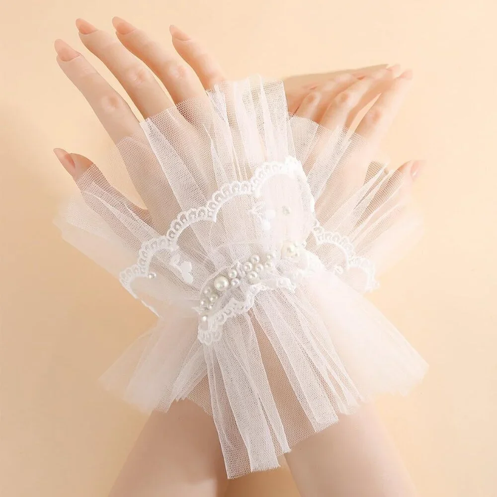 Women's Fingerless Off-White Pearl Tulle Short Lace Gloves Wedding Party Prom